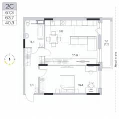 ЖК «Пироговская Ривьера», планировка 2-комнатной квартиры, 63.79 м²