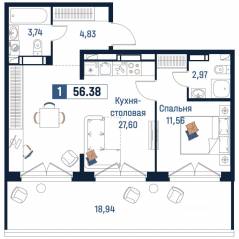 ЖК «Максималист», планировка 1-комнатной квартиры, 56.38 м²