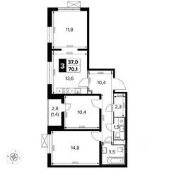 ЖК «Южная Битца», планировка 3-комнатной квартиры, 70.80 м²
