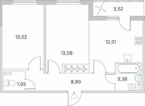 МЖК «Любоград», планировка 2-комнатной квартиры, 53.98 м²
