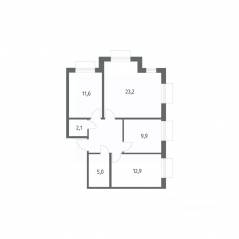 ЖК «Парусная 1», планировка 3-комнатной квартиры, 74.00 м²