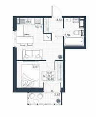 ЖК «Ново-Антропшино», планировка 1-комнатной квартиры, 29.01 м²