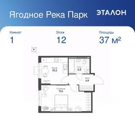 ЖК «Ягодное Река Парк», планировка 1-комнатной квартиры, 37.00 м²