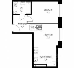Апарт-комплекс «Aist Residence», планировка 1-комнатной квартиры, 40.50 м²