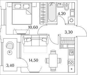 ЖК «Тайм Сквер», планировка студии, 34.30 м²