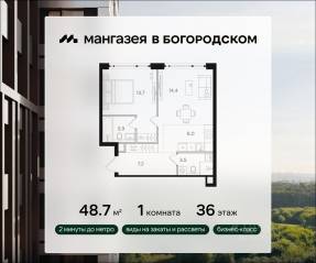 ЖК «Мангазея в Богородском», планировка 1-комнатной квартиры, 48.70 м²