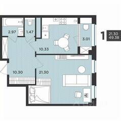 МЖК «Новокасимово», планировка 1-комнатной квартиры, 49.38 м²