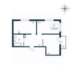ЖК «Расцветай в Янино», планировка 2-комнатной квартиры, 55.20 м²
