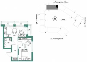 ЖК «Страна.Парковая», планировка 2-комнатной квартиры, 42.10 м²