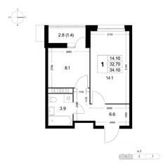 ЖК «Легенда Коренево», планировка 1-комнатной квартиры, 34.20 м²