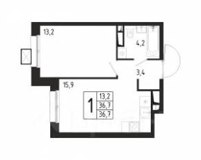 ЖК «Берег», планировка 1-комнатной квартиры, 36.70 м²