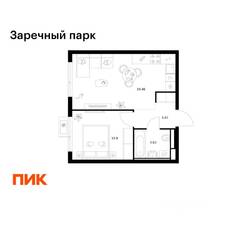 ЖК «Заречный парк», планировка 1-комнатной квартиры, 37.86 м²