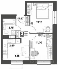 ЖК Арт-квартал «Публицист», планировка 2-комнатной квартиры, 43.63 м²