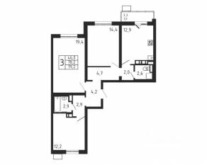 ЖК «Пироговская Ривьера», планировка 3-комнатной квартиры, 79.20 м²