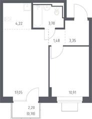 ЖК «Богдановский Лес», планировка 1-комнатной квартиры, 41.57 м²