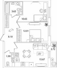 ЖК «Кинопарк», планировка 2-комнатной квартиры, 53.58 м²