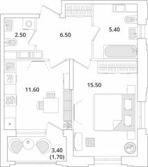 ЖК «Тайм Сквер», планировка 1-комнатной квартиры, 42.90 м²