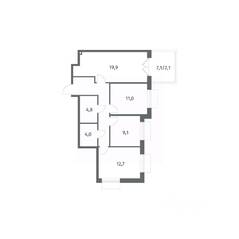 ЖК «Парусная 1», планировка 3-комнатной квартиры, 74.90 м²