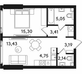 ЖК «Solos», планировка 1-комнатной квартиры, 47.27 м²