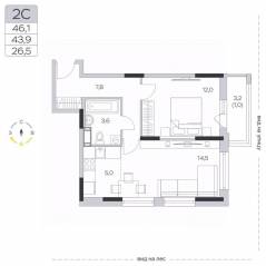 ЖК «Пироговская Ривьера», планировка 1-комнатной квартиры, 43.90 м²