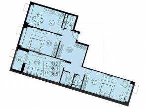 ЖК «River Park», планировка 3-комнатной квартиры, 95.00 м²