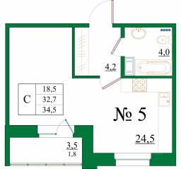 ЖК «Орловский бульвар», планировка студии, 34.50 м²