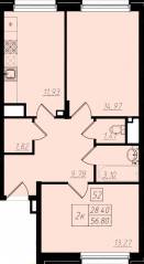 МЖК «Бристоль Москва», планировка 2-комнатной квартиры, 57.10 м²