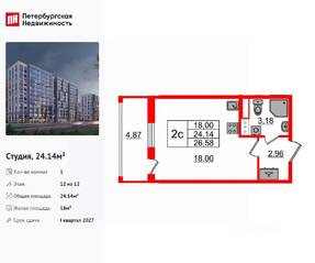 ЖК «Бионика Заповедная», планировка студии, 24.14 м²