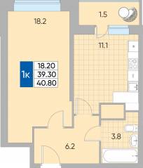 ЖК «Самоцветы мира», планировка 1-комнатной квартиры, 40.80 м²