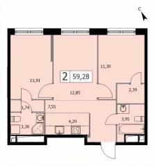 ЖК «Self», планировка 2-комнатной квартиры, 59.40 м²