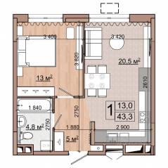 ЖК «Гранд Комфорт», планировка 1-комнатной квартиры, 43.30 м²