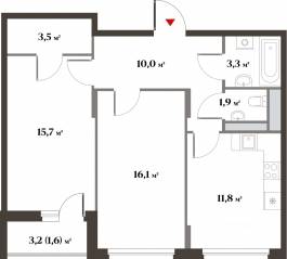 ЖК Миниполис «Восемь кленов», планировка 2-комнатной квартиры, 62.60 м²