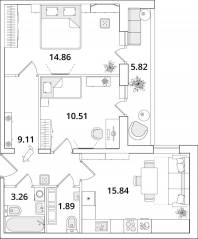 ЖК «Cube», планировка 2-комнатной квартиры, 58.60 м²