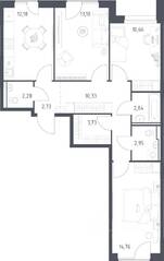 ЖК «Прибрежный Парк», планировка 3-комнатной квартиры, 75.56 м²