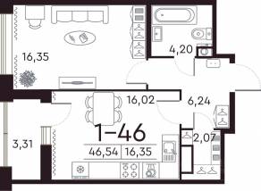 ЖК «Familia», планировка 1-комнатной квартиры, 46.80 м²