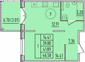МЖК «Образцовый квартал 17», планировка 1-комнатной квартиры, 39.88 м²