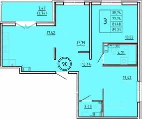 МЖК «Образцовый квартал 16», планировка 3-комнатной квартиры, 77.74 м²
