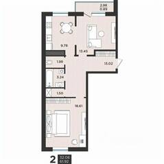 МЖК «Новокасимово», планировка 2-комнатной квартиры, 61.92 м²