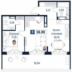 ЖК «Максималист», планировка 1-комнатной квартиры, 56.80 м²