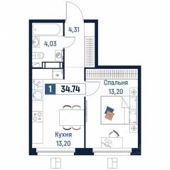 ЖК «Максималист», планировка 1-комнатной квартиры, 34.74 м²