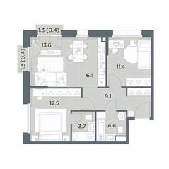 ЖК «Станиславский», планировка 3-комнатной квартиры, 61.60 м²