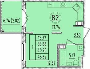 МЖК «Образцовый квартал 17», планировка 1-комнатной квартиры, 38.88 м²