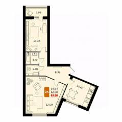 ЖК «ДОМодедово Парк», планировка 2-комнатной квартиры, 63.98 м²