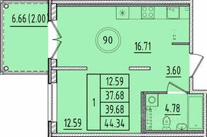 МЖК «Образцовый квартал 17», планировка 1-комнатной квартиры, 37.68 м²