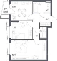 ЖК «Квартал Авиаторов», планировка 2-комнатной квартиры, 54.37 м²