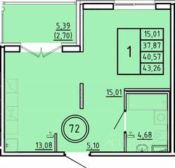 МЖК «Образцовый квартал 16», планировка 1-комнатной квартиры, 37.87 м²