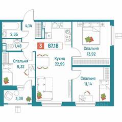 ЖК «Графика», планировка 3-комнатной квартиры, 67.18 м²
