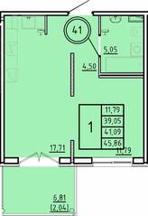 МЖК «Образцовый квартал 16», планировка 1-комнатной квартиры, 39.05 м²