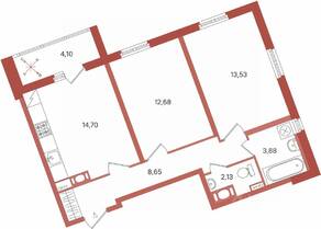 ЖК «Патио», планировка 2-комнатной квартиры, 57.62 м²