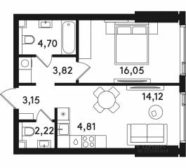 ЖК «Solos», планировка 1-комнатной квартиры, 48.87 м²